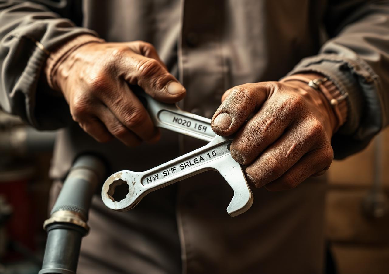 Plumber's hands holding pipes and a spanner