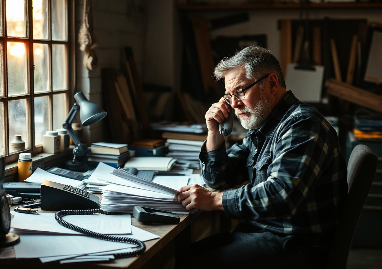 Tradesperson at a cluttered desk on the phone