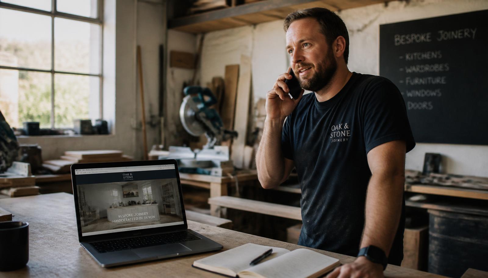 Business owner on phone with website open