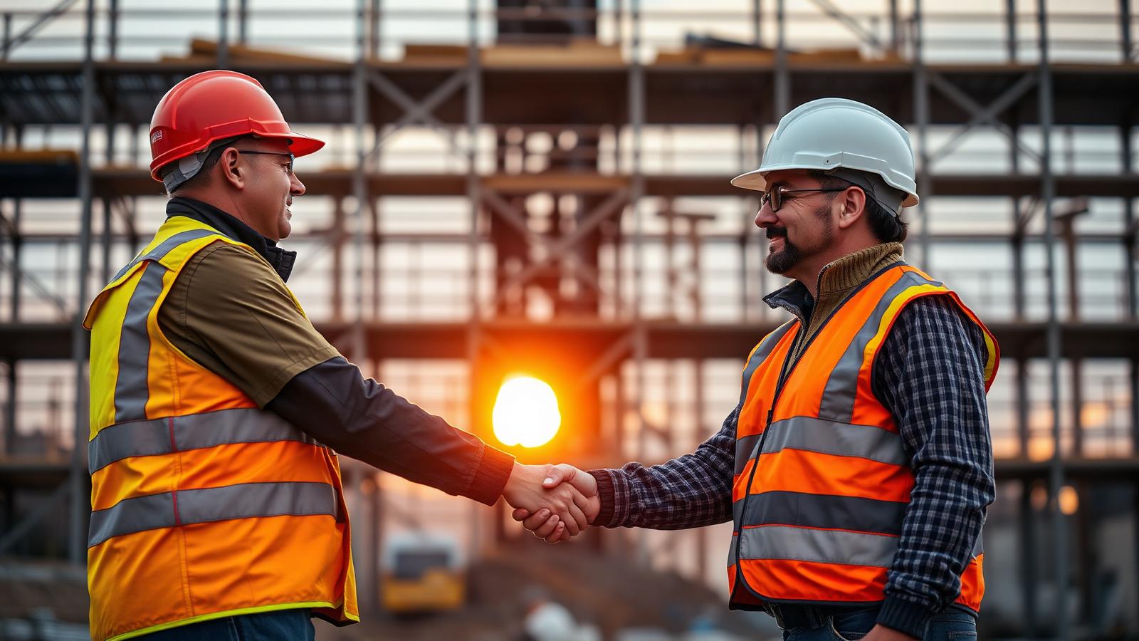 Two builders shaking hands on a construction site