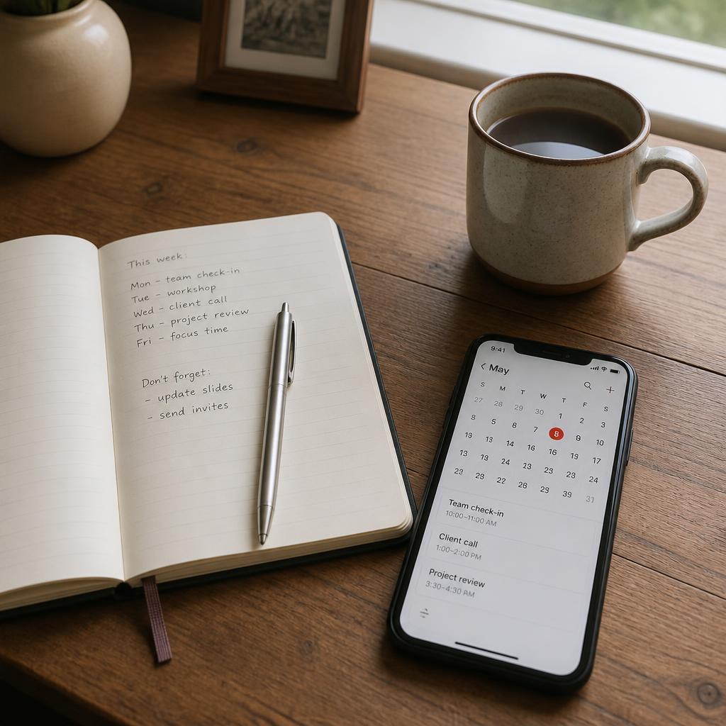 Notebook, pen, phone with calendar app and coffee mug on a wooden desk