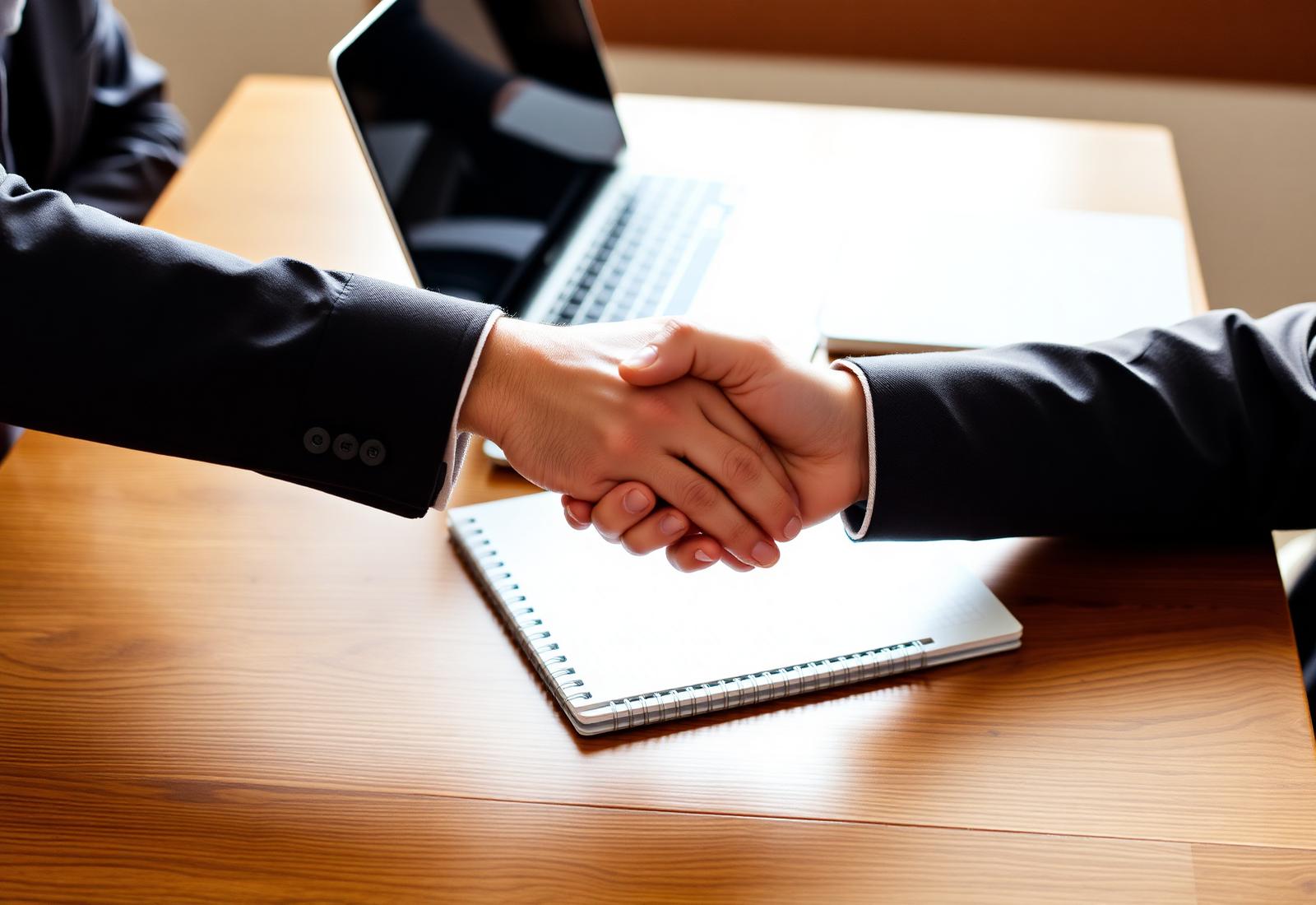 A handshake across a desk symbolising a founder-led partnership