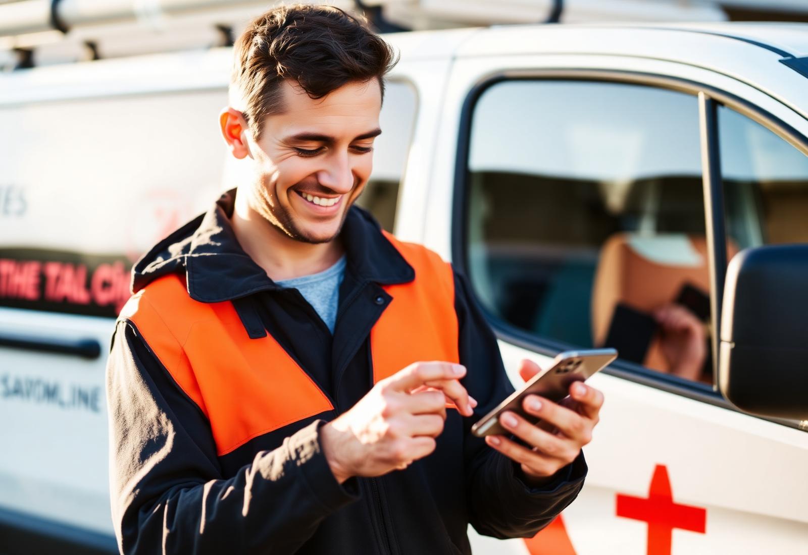 A UK tradesperson checking a new booking notification on their phone next to their van