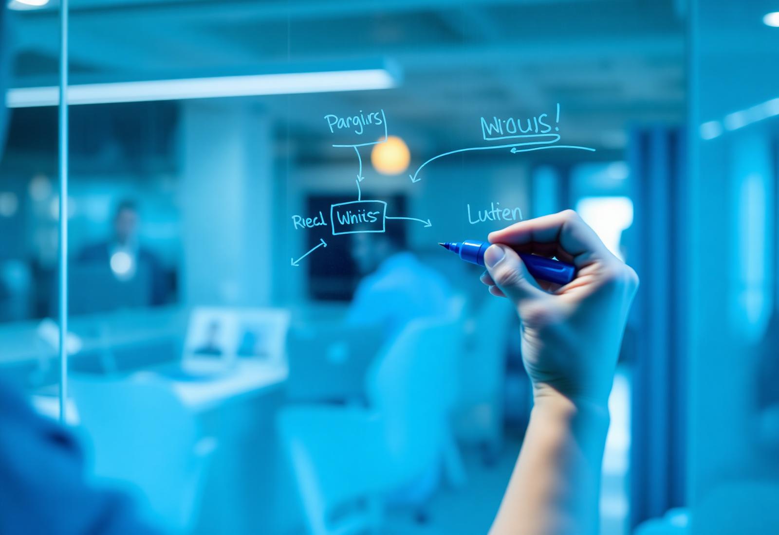 Sketching a workflow diagram on a glass whiteboard